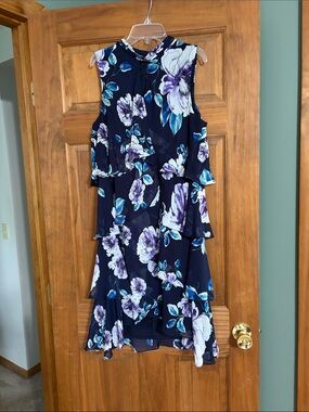 SLNY Navy Floral High-Low Ruffle Dress
